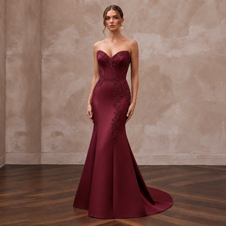 Burgundy Heavy Matte Satin Sweetheart Neckline Mermaid Formal Gown