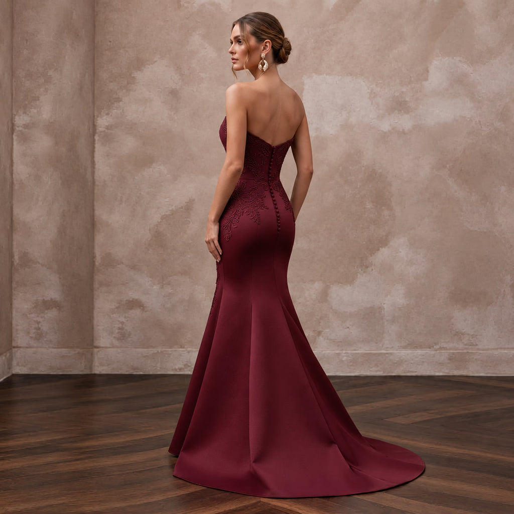 Burgundy Heavy Matte Satin Sweetheart Neckline Mermaid Formal Gown