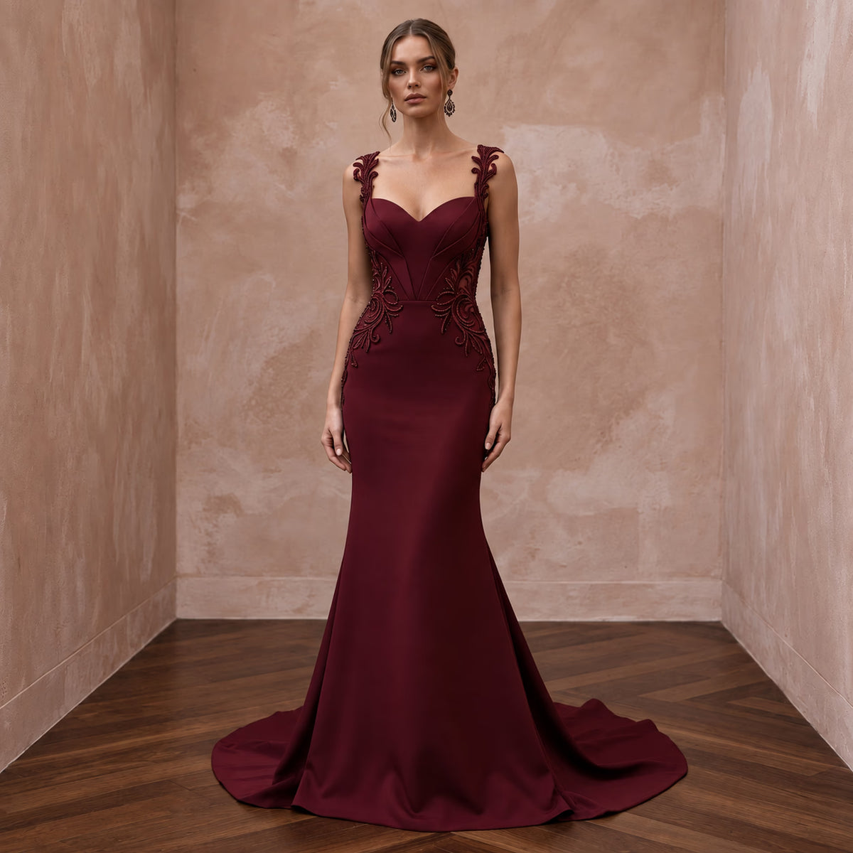 Burgundy Heavy Matte Satin Sweetheart Neckline Mermaid Gown - Apparel & Accessories > Clothing > Wedding & Bridal Party Dresses > Wedding Dresses - Mignonette Bridal