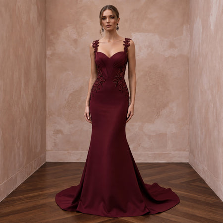 Burgundy Heavy Matte Satin Sweetheart Neckline Mermaid Gown - Apparel & Accessories > Clothing > Wedding & Bridal Party Dresses > Wedding Dresses - Mignonette Bridal