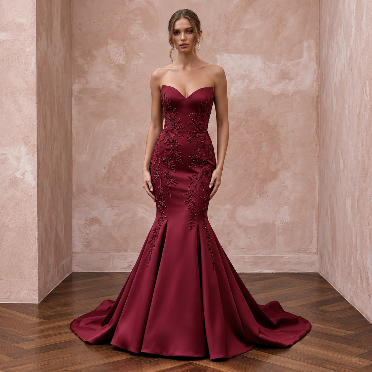 Burgundy Heavy Matte Satin Sweetheart Neckline Mermaid Gown Main image