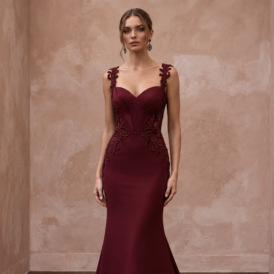 Burgundy Heavy Matte Satin Sweetheart Neckline Mermaid Gown - Apparel & Accessories > Clothing > Wedding & Bridal Party Dresses > Wedding Dresses - Mignonette Bridal