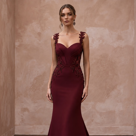Burgundy Heavy Matte Satin Sweetheart Neckline Mermaid Gown - Apparel & Accessories > Clothing > Wedding & Bridal Party Dresses > Wedding Dresses - Mignonette Bridal