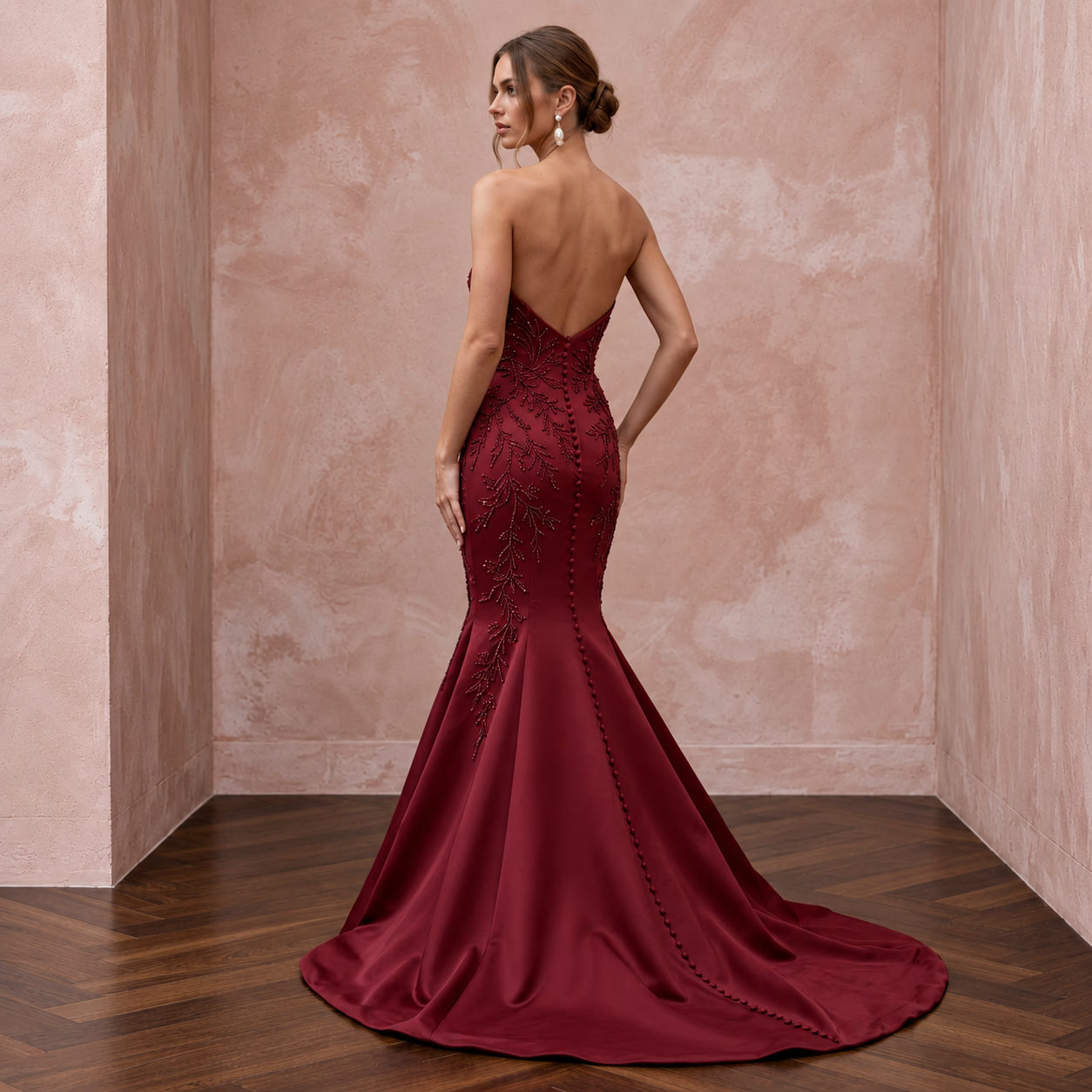 Burgundy Heavy Matte Satin Sweetheart Neckline Mermaid Gown Secondary image