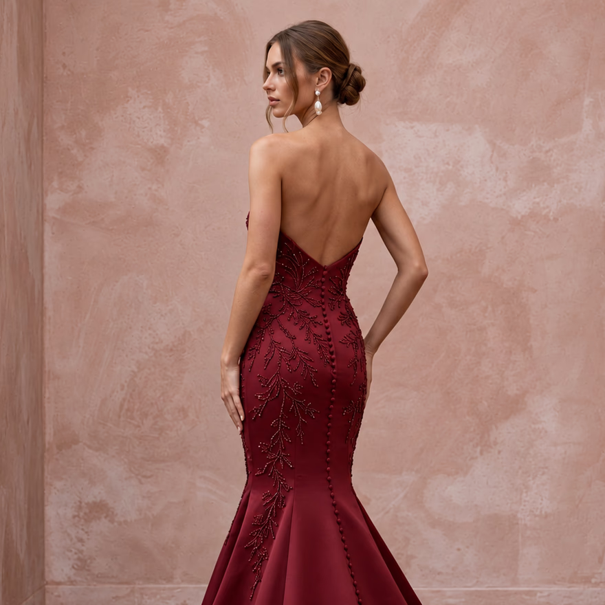 Burgundy Heavy Matte Satin Sweetheart Neckline Mermaid Gown