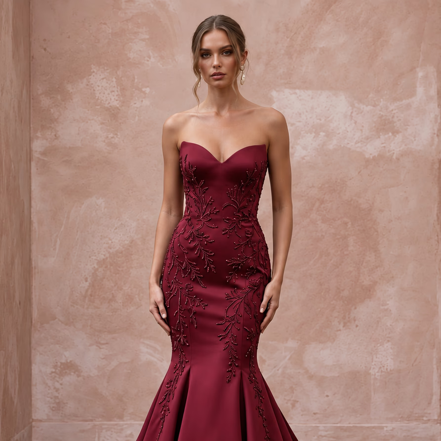 Burgundy Heavy Matte Satin Sweetheart Neckline Mermaid Gown