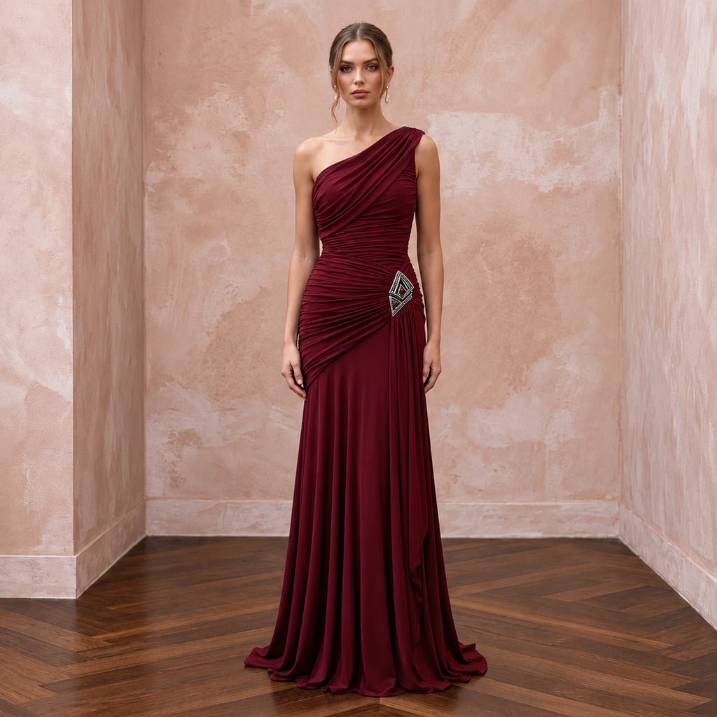 Burgundy Stretch Jersey Ruched Asymmetrical Neckline Evening Dress - Apparel & Accessories > Clothing > Wedding & Bridal Party Dresses > Wedding Dresses - Mignonette Bridal