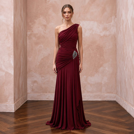 Burgundy Stretch Jersey Ruched Asymmetrical Neckline Evening Dress - Apparel & Accessories > Clothing > Wedding & Bridal Party Dresses > Wedding Dresses - Mignonette Bridal