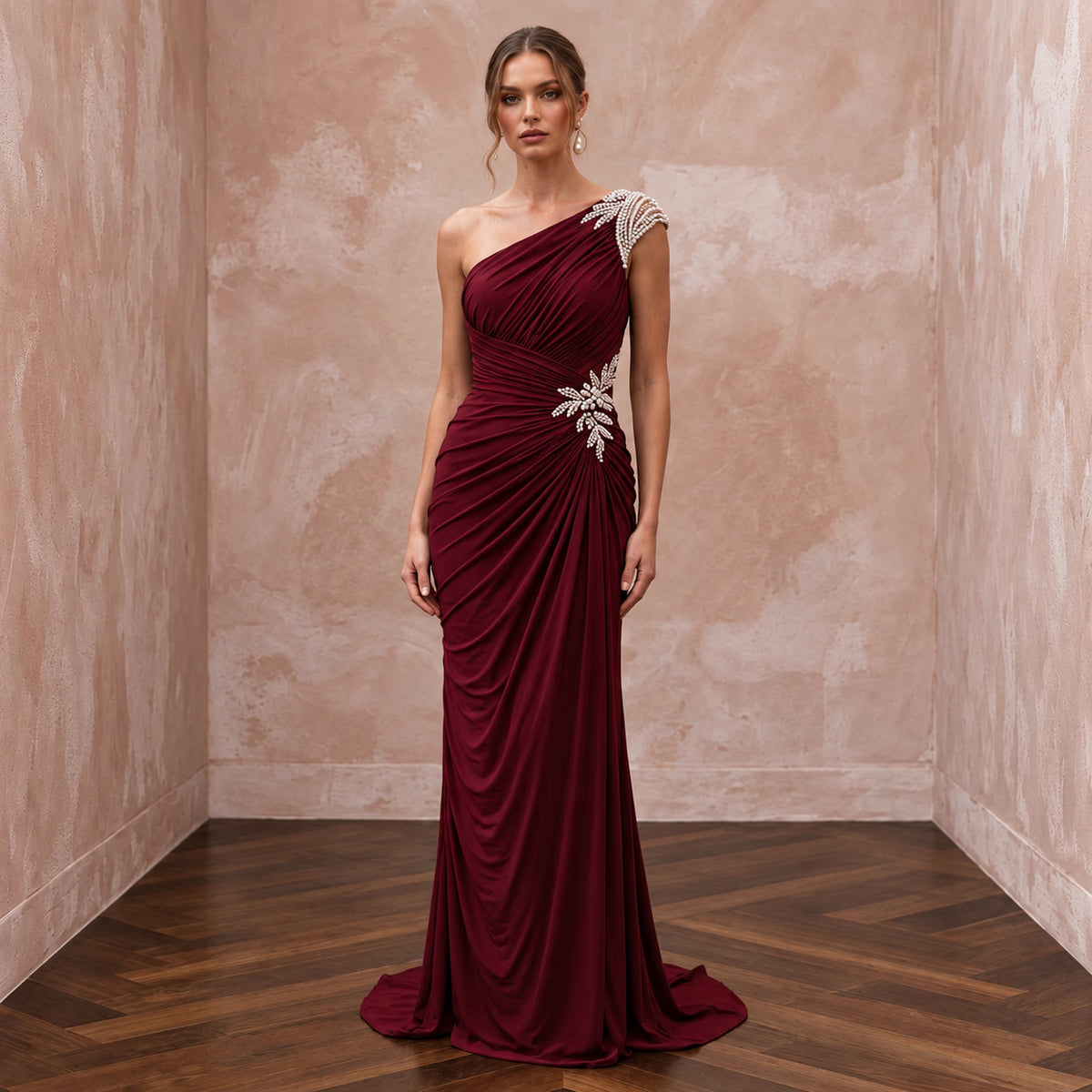 Burgundy Stretch Jersey Ruched Asymmetrical Neckline Evening Dress