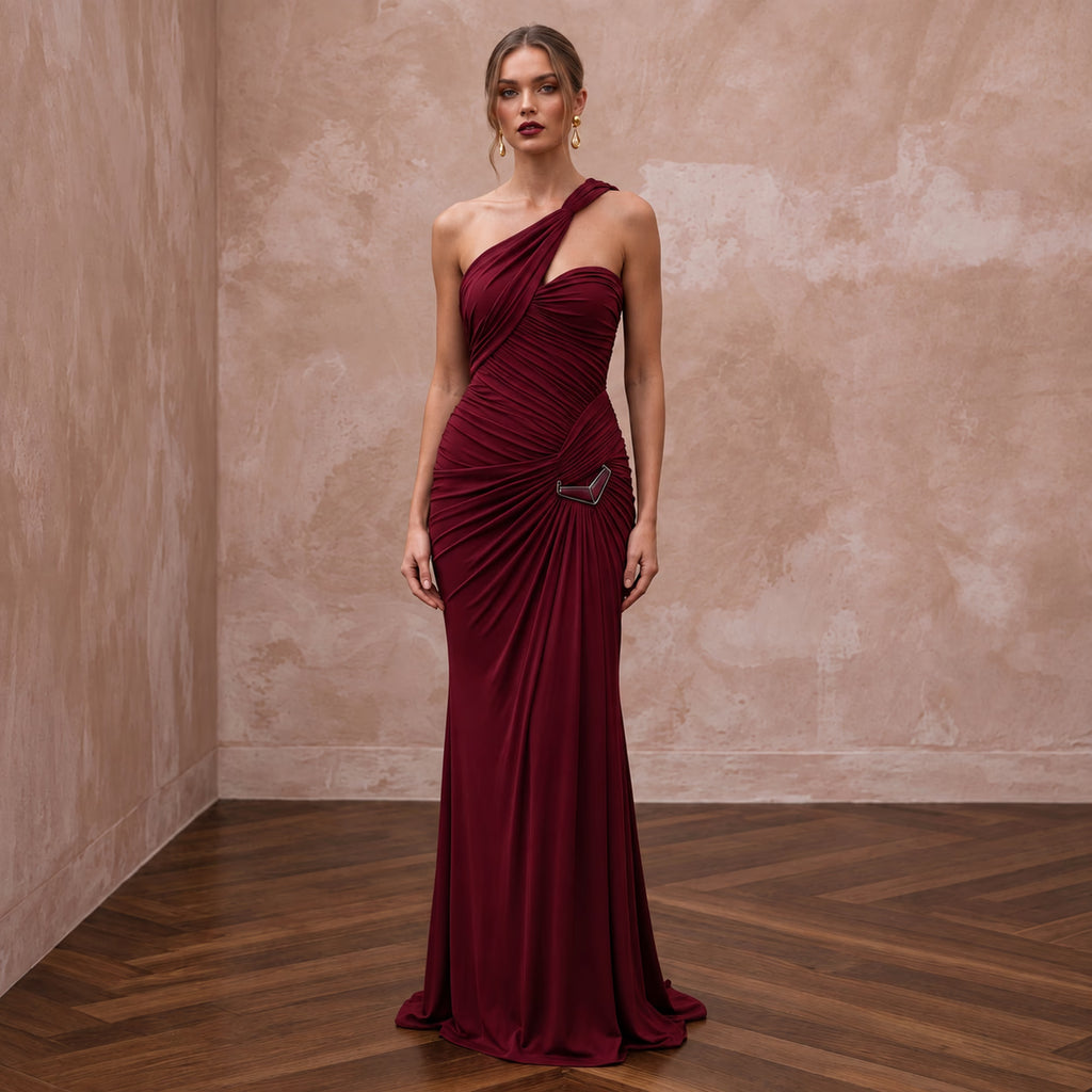 Burgundy Stretch Jersey Ruched Asymmetrical Neckline Evening Dress