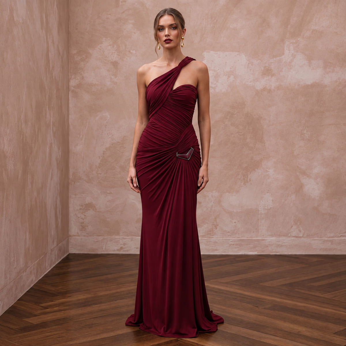 Burgundy Stretch Jersey Ruched Asymmetrical Neckline Evening Dress