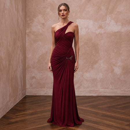 Burgundy Stretch Jersey Ruched Asymmetrical Neckline Evening Dress