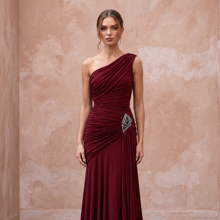 Burgundy Stretch Jersey Ruched Asymmetrical Neckline Evening Dress - Apparel & Accessories > Clothing > Wedding & Bridal Party Dresses > Wedding Dresses - Mignonette Bridal