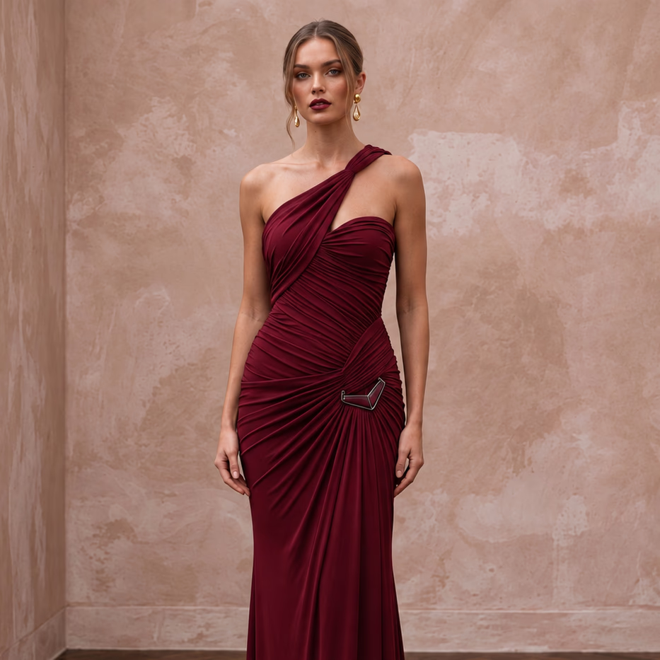 Burgundy Stretch Jersey Ruched Asymmetrical Neckline Evening Dress