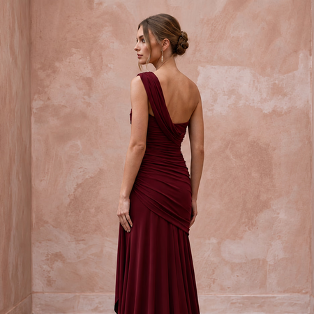 Burgundy Stretch Jersey Ruched Asymmetrical Neckline Evening Dress - Apparel & Accessories > Clothing > Wedding & Bridal Party Dresses > Wedding Dresses - Mignonette Bridal