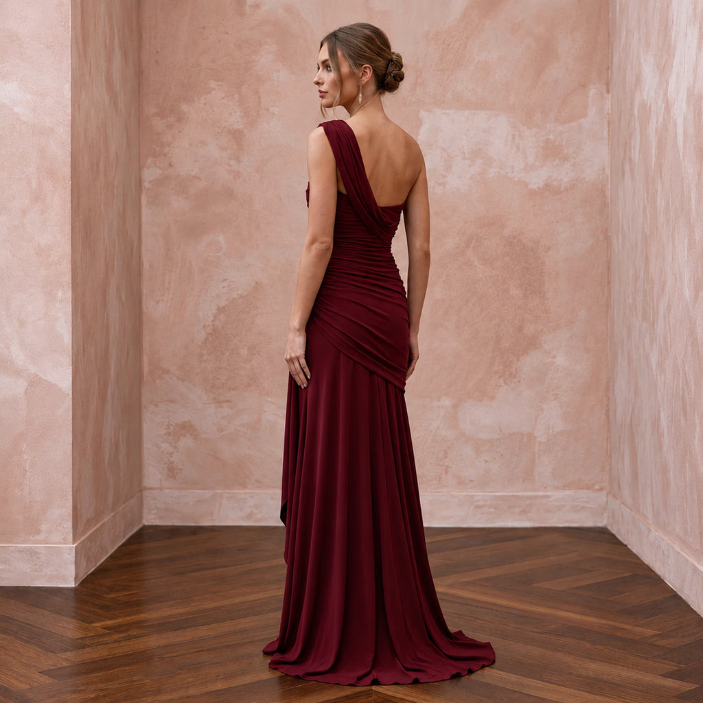 Burgundy Stretch Jersey Ruched Asymmetrical Neckline Evening Dress - Apparel & Accessories > Clothing > Wedding & Bridal Party Dresses > Wedding Dresses - Mignonette Bridal