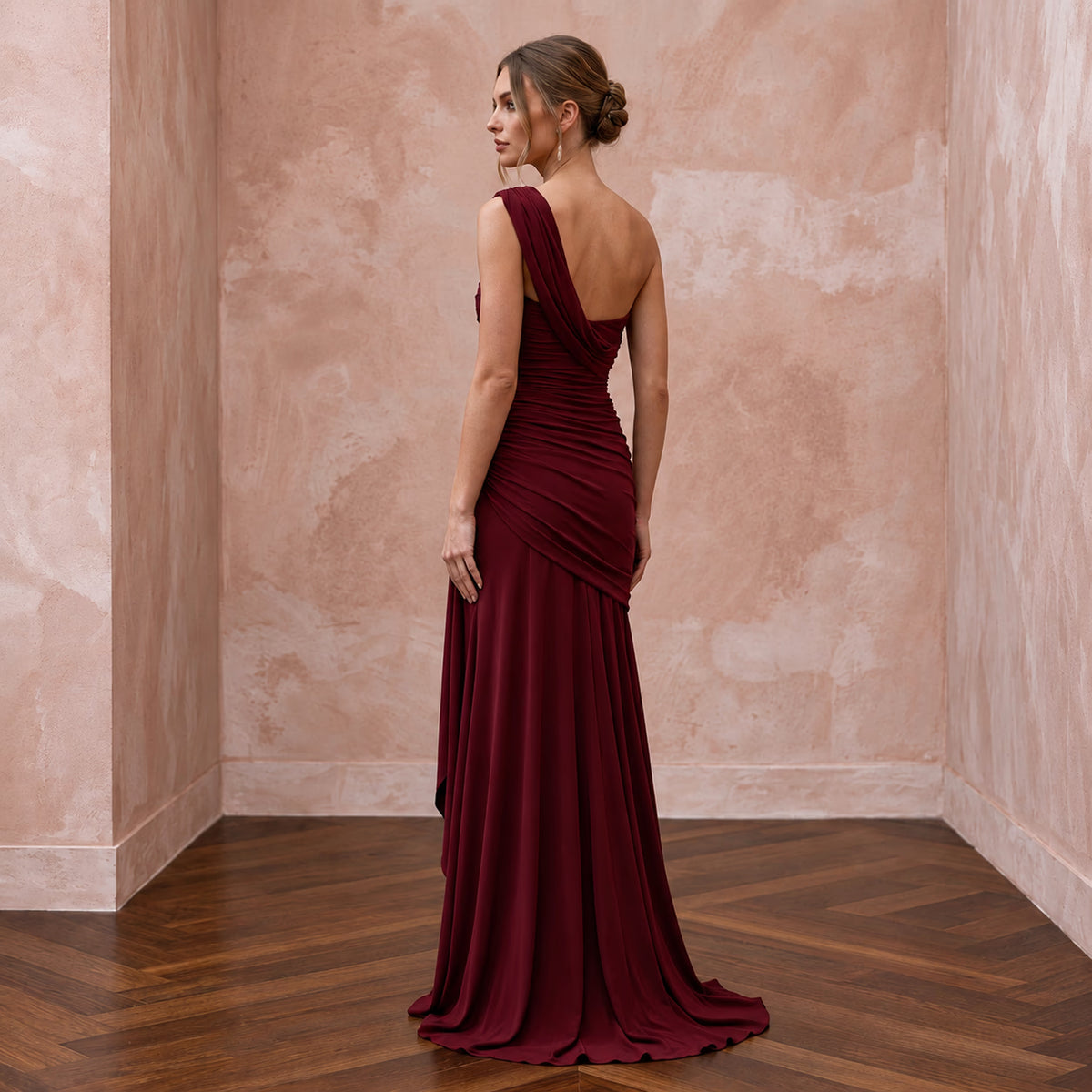 Burgundy Stretch Jersey Ruched Asymmetrical Neckline Evening Dress - Apparel & Accessories > Clothing > Wedding & Bridal Party Dresses > Wedding Dresses - Mignonette Bridal