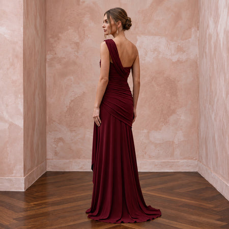 Burgundy Stretch Jersey Ruched Asymmetrical Neckline Evening Dress - Apparel & Accessories > Clothing > Wedding & Bridal Party Dresses > Wedding Dresses - Mignonette Bridal