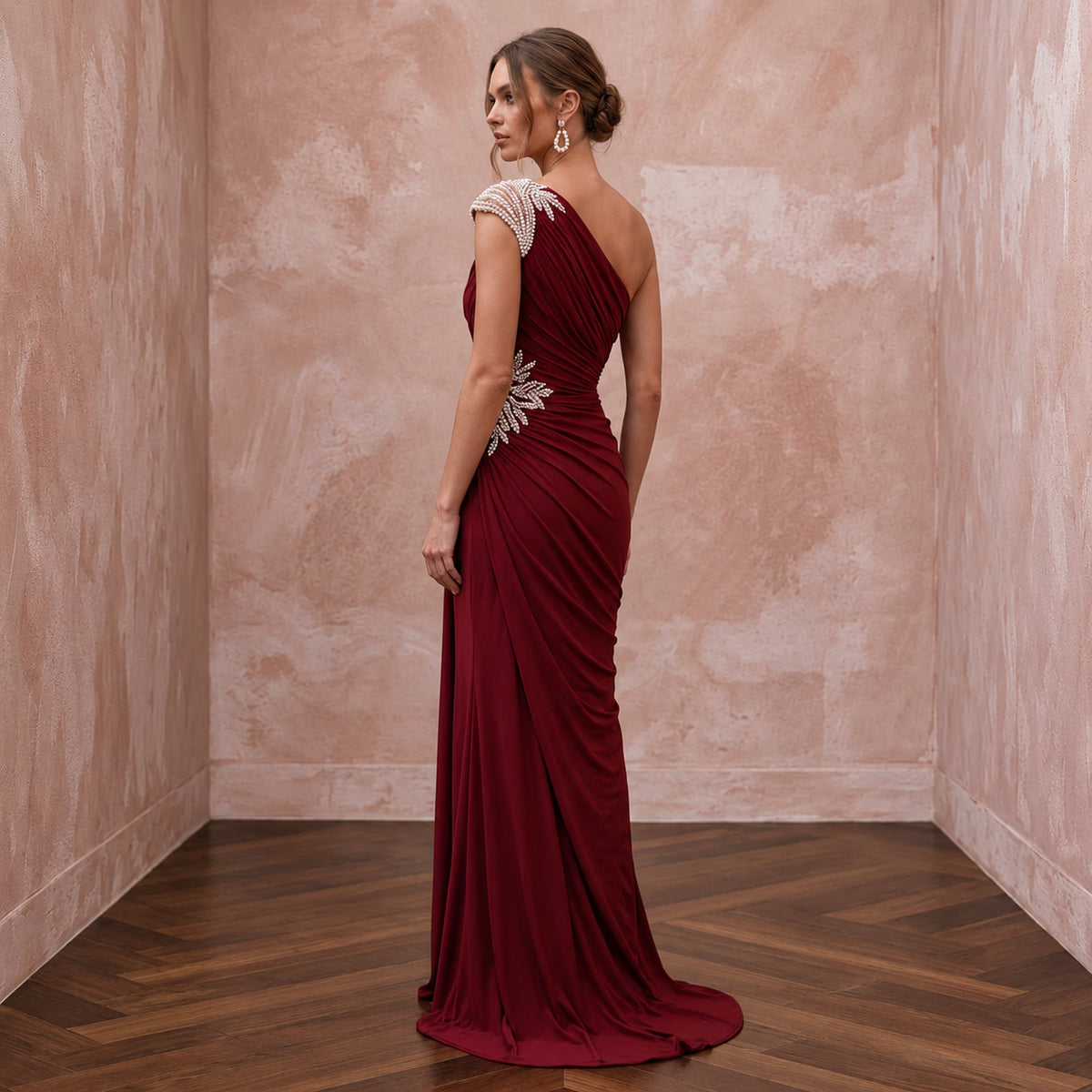 Burgundy Stretch Jersey Ruched Asymmetrical Neckline Evening Dress