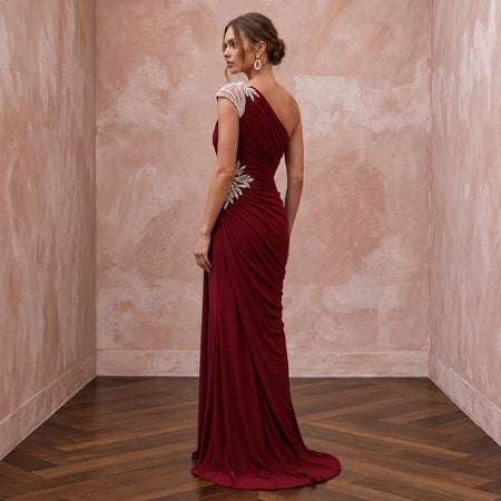 Burgundy Stretch Jersey Ruched Asymmetrical Neckline Evening Dress