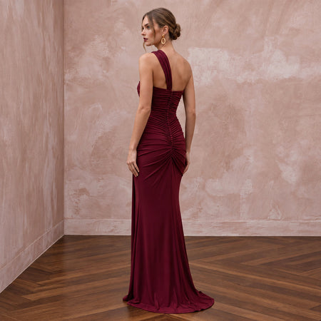 Burgundy Stretch Jersey Ruched Asymmetrical Neckline Evening Dress