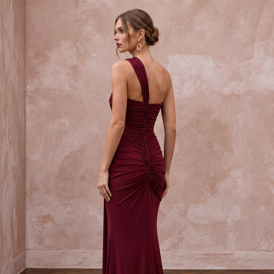 Burgundy Stretch Jersey Ruched Asymmetrical Neckline Evening Dress