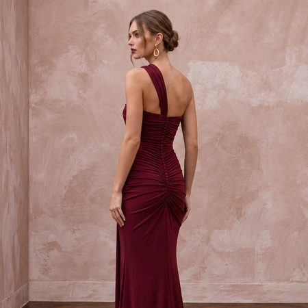 Burgundy Stretch Jersey Ruched Asymmetrical Neckline Evening Dress