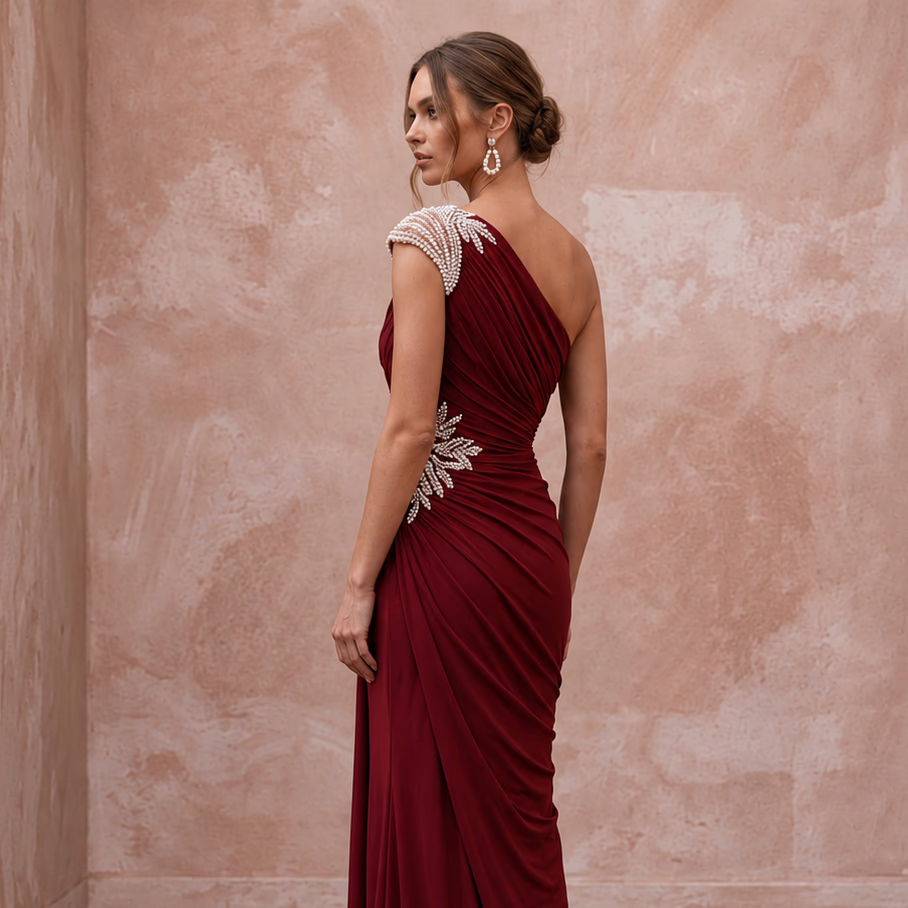 Burgundy Stretch Jersey Ruched Asymmetrical Neckline Evening Dress