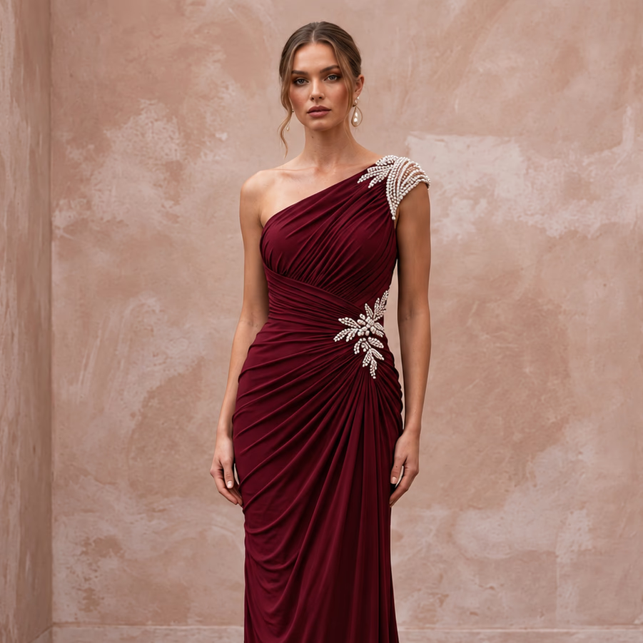 Burgundy Stretch Jersey Ruched Asymmetrical Neckline Evening Dress