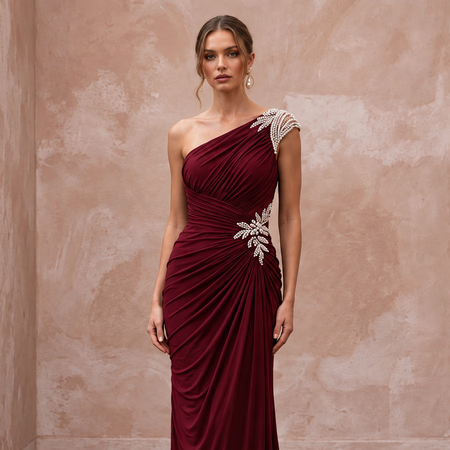 Burgundy Stretch Jersey Ruched Asymmetrical Neckline Evening Dress