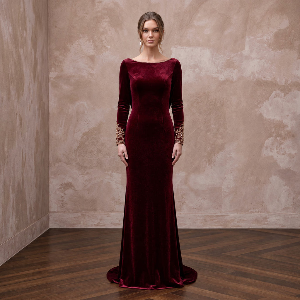 Burgundy Velvet Draped Cowl Back Long Sleeve Evening Gown