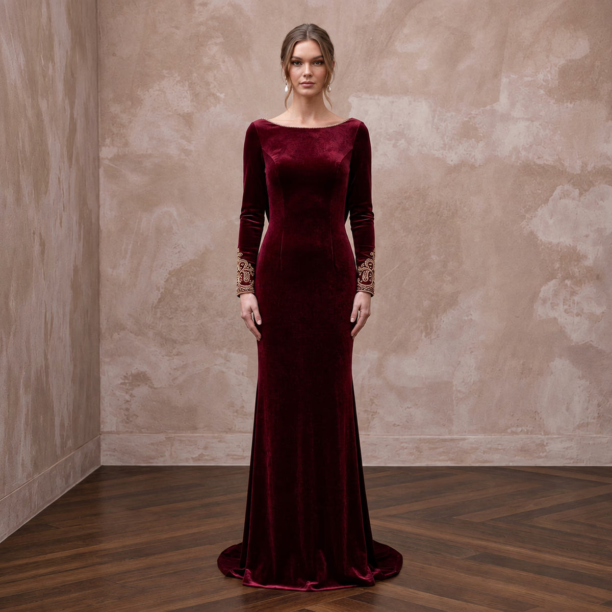 Burgundy Velvet Draped Cowl Back Long Sleeve Evening Gown