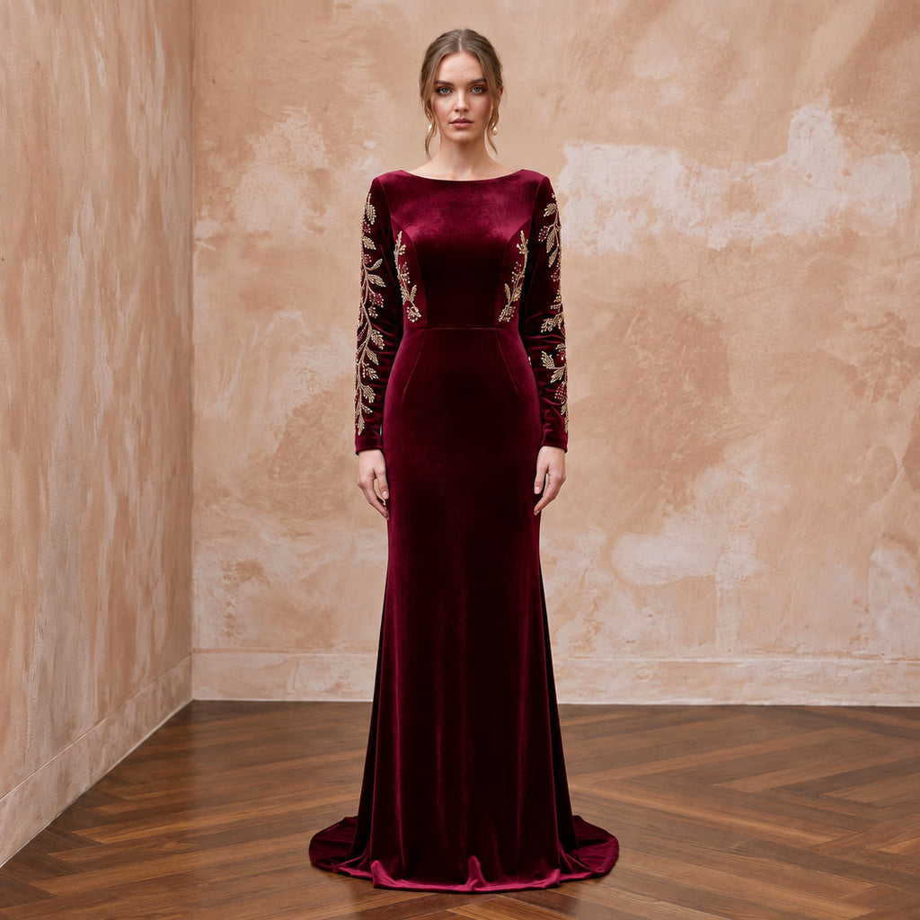 Burgundy Velvet Draped Cowl Back Long Sleeve Evening Gown