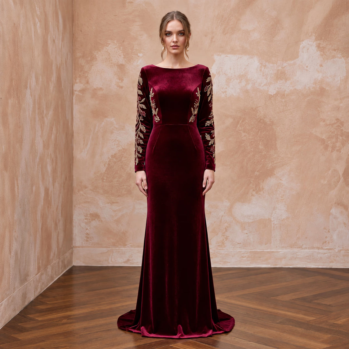 Burgundy Velvet Draped Cowl Back Long Sleeve Evening Gown