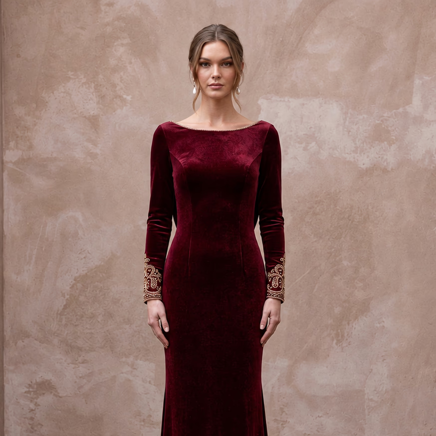 Burgundy Velvet Draped Cowl Back Long Sleeve Evening Gown