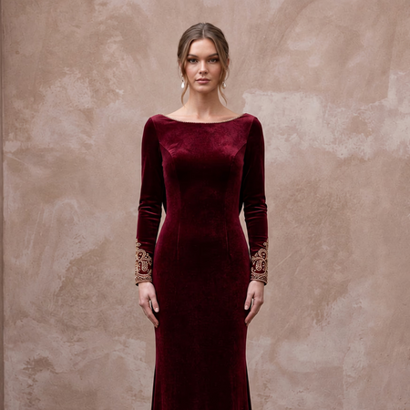 Burgundy Velvet Draped Cowl Back Long Sleeve Evening Gown