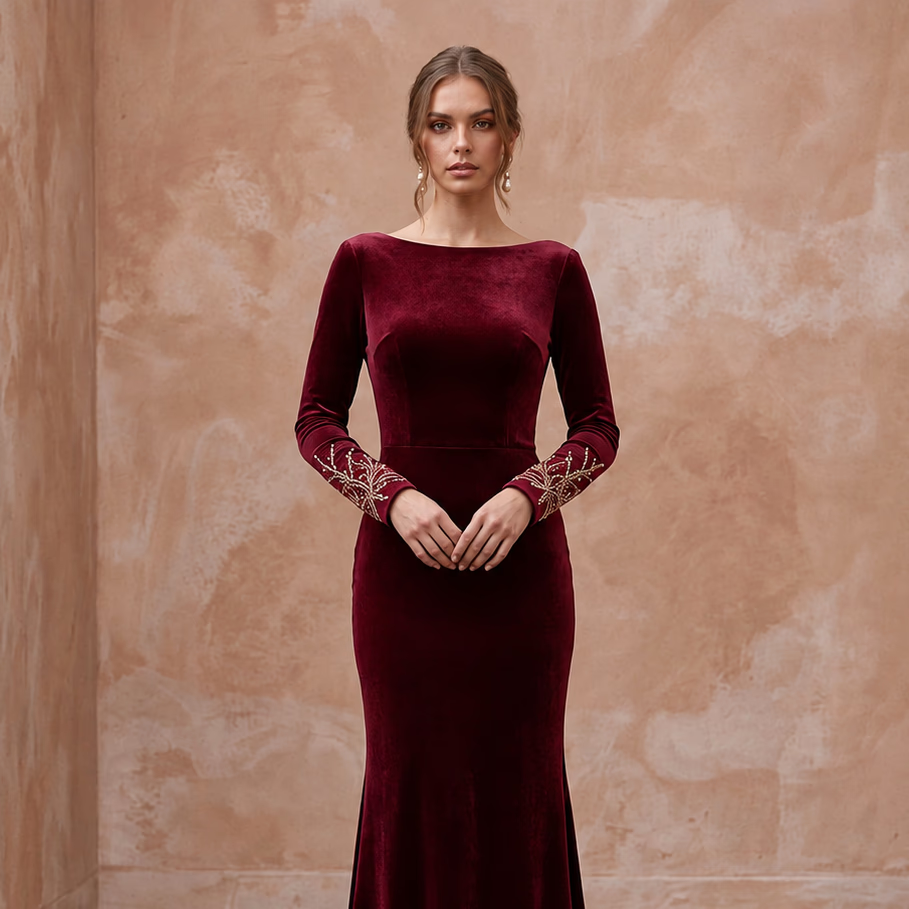 Burgundy Velvet Draped Cowl Back Long Sleeve Evening Gown