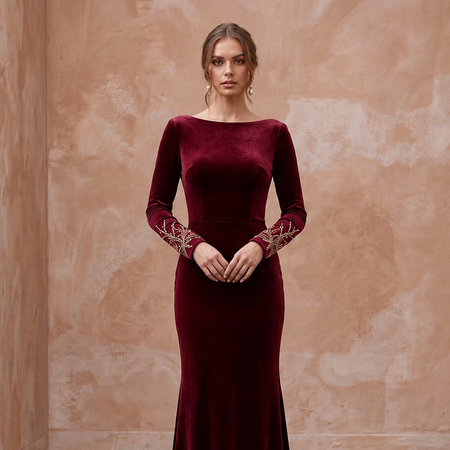 Burgundy Velvet Draped Cowl Back Long Sleeve Evening Gown