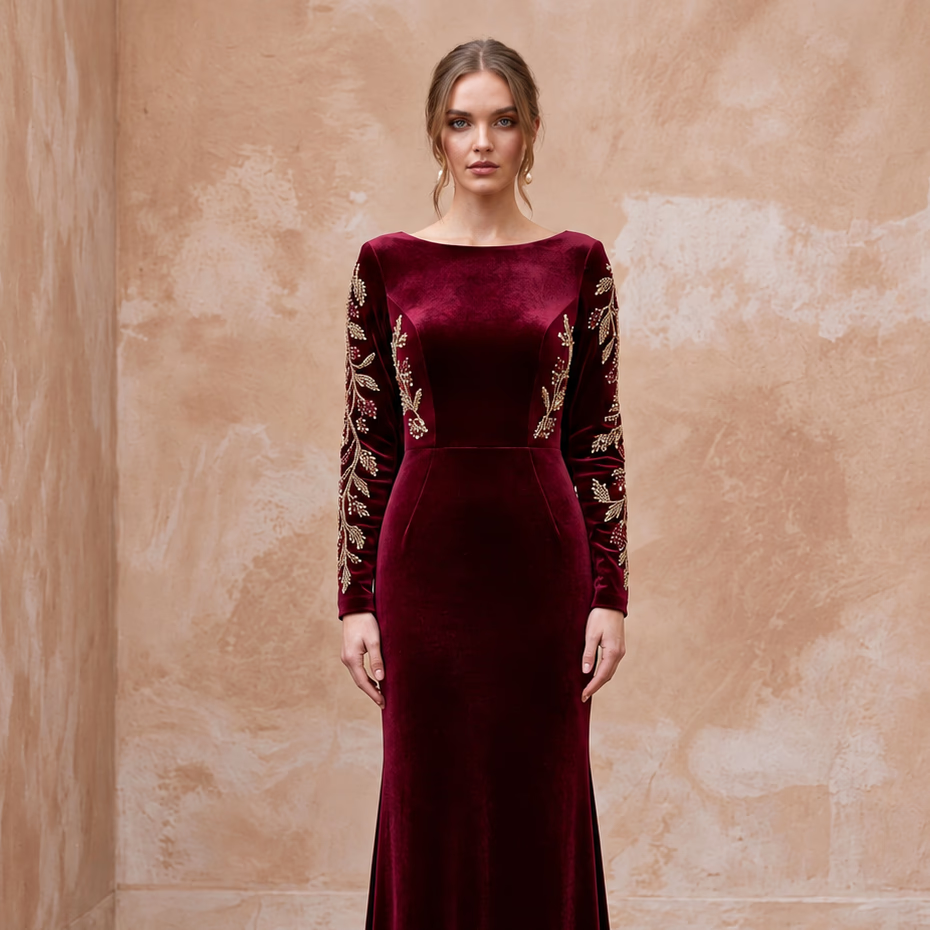 Burgundy Velvet Draped Cowl Back Long Sleeve Evening Gown