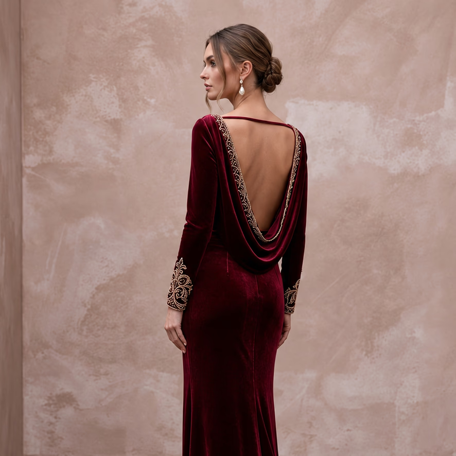 Burgundy Velvet Draped Cowl Back Long Sleeve Evening Gown