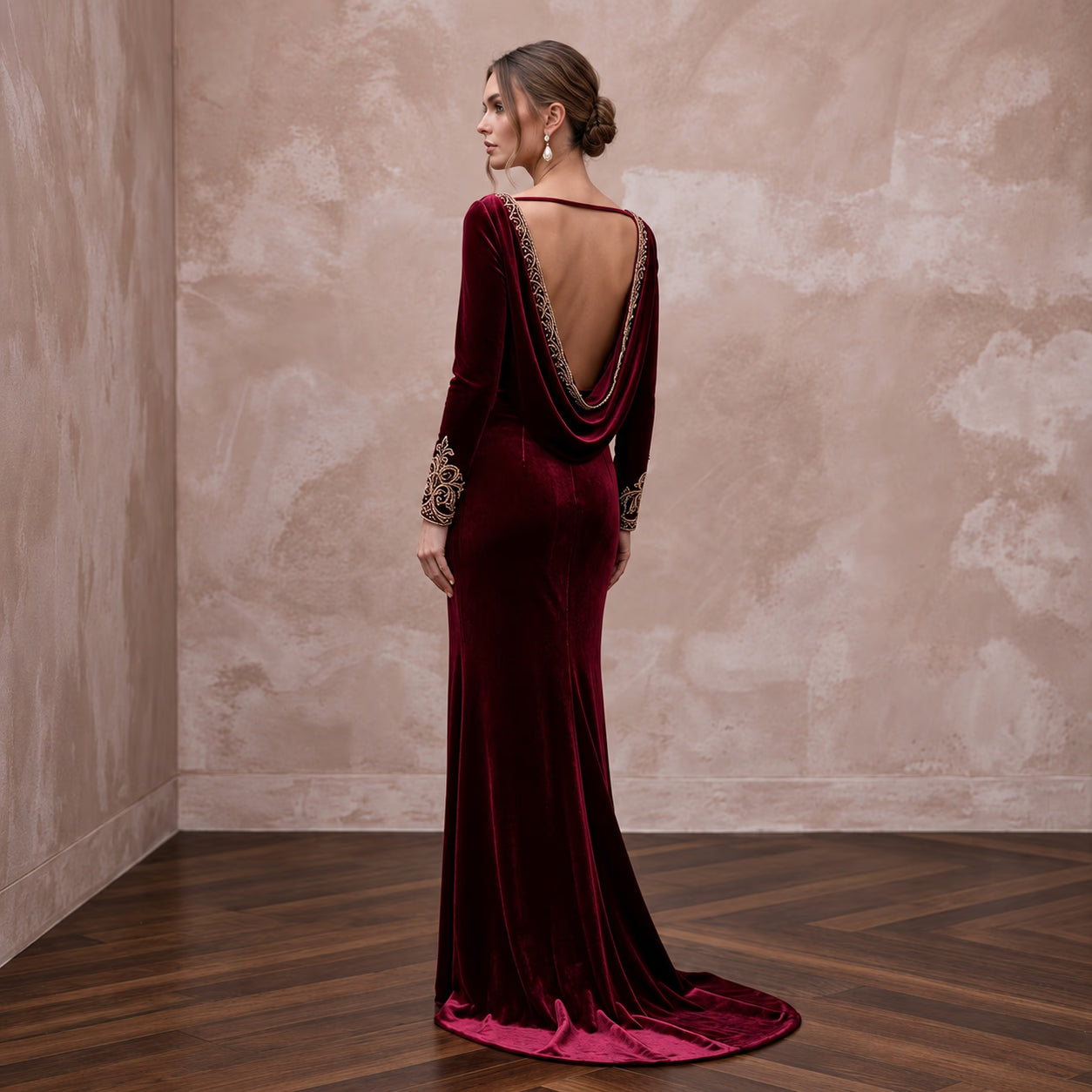 Burgundy Velvet Draped Cowl Back Long Sleeve Evening Gown Secondary image