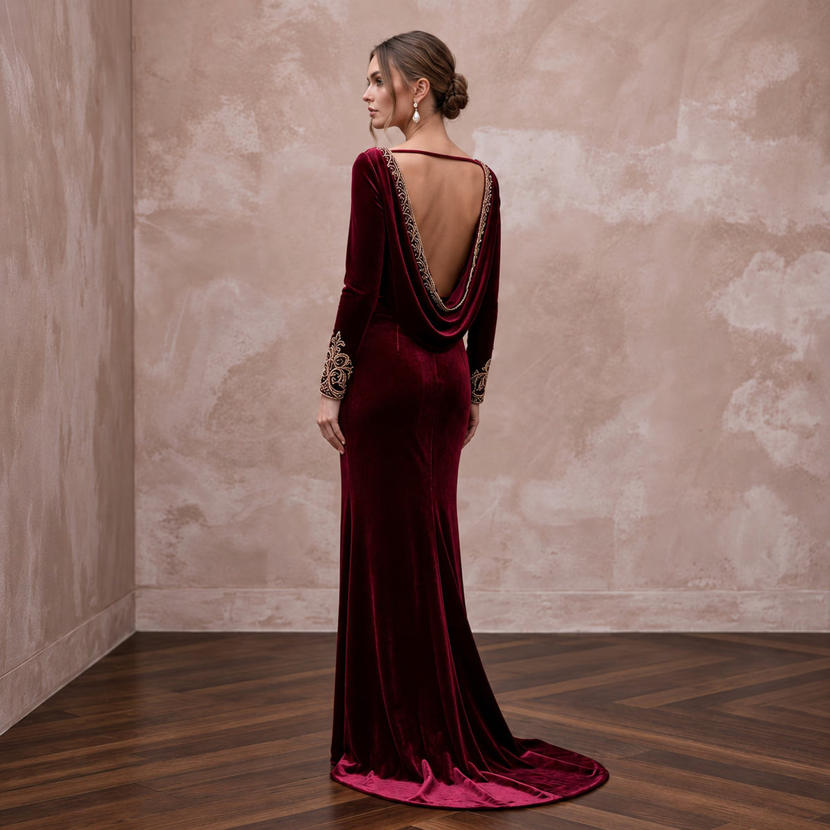 Burgundy Velvet Draped Cowl Back Long Sleeve Evening Gown