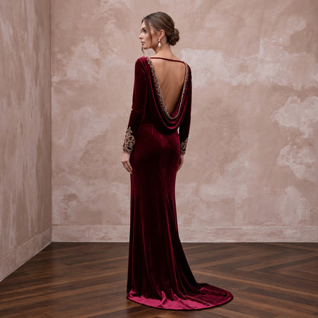 Burgundy Velvet Draped Cowl Back Long Sleeve Evening Gown