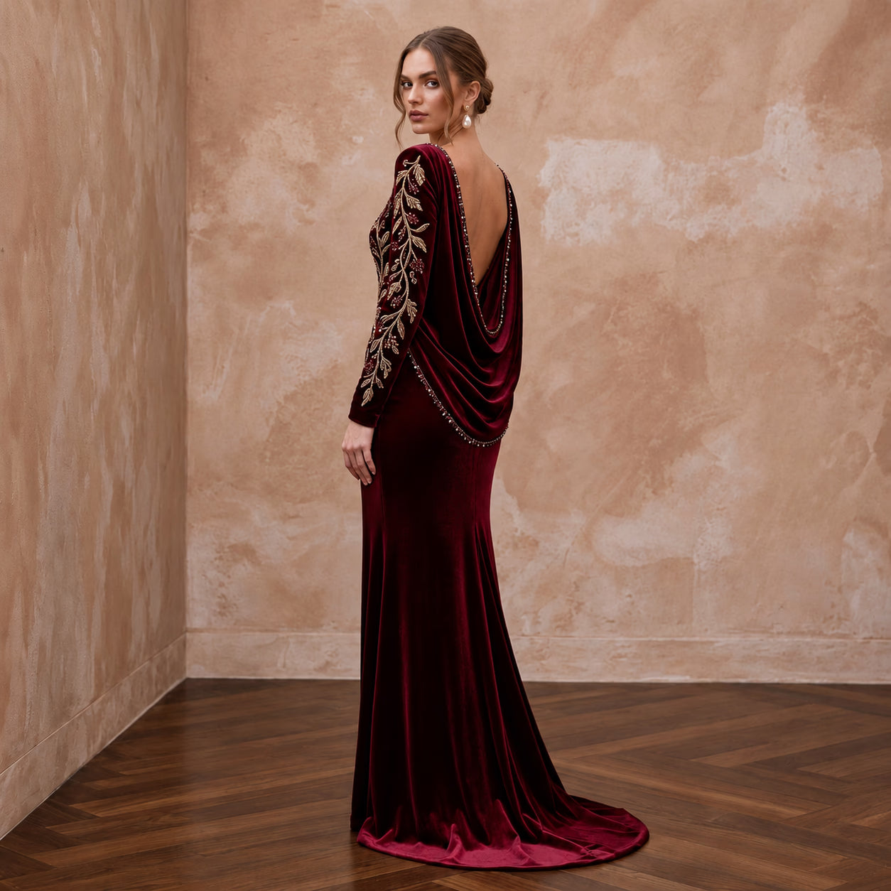 Burgundy Velvet Draped Cowl Back Long Sleeve Evening Gown Secondary image