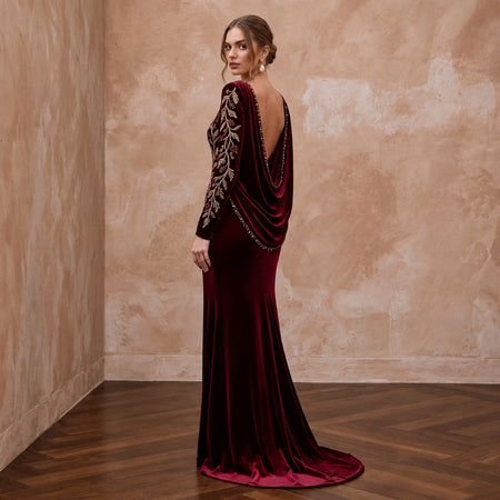 Burgundy Velvet Draped Cowl Back Long Sleeve Evening Gown