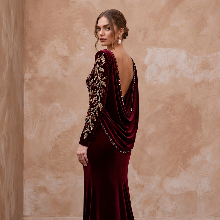 Burgundy Velvet Draped Cowl Back Long Sleeve Evening Gown