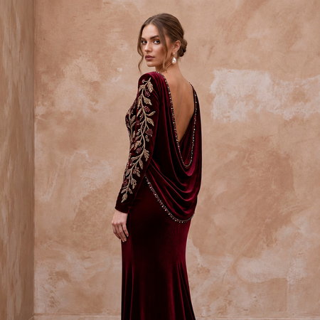 Burgundy Velvet Draped Cowl Back Long Sleeve Evening Gown