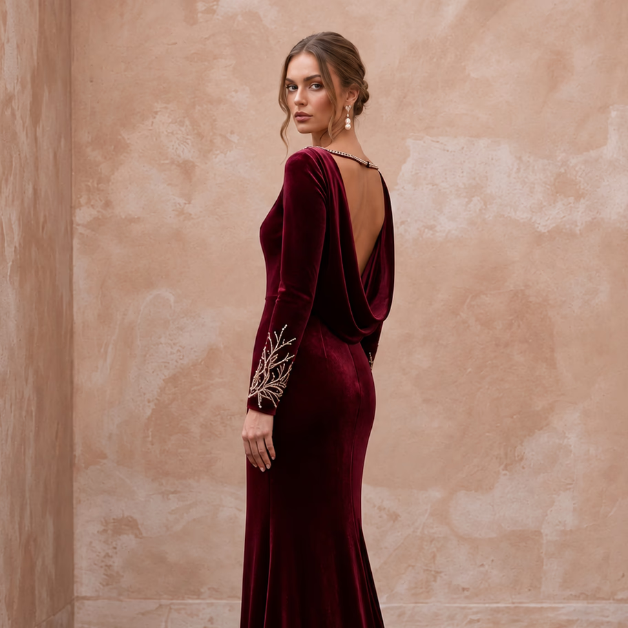 Burgundy Velvet Draped Cowl Back Long Sleeve Evening Gown