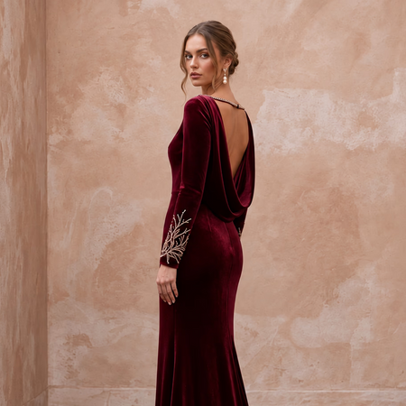 Burgundy Velvet Draped Cowl Back Long Sleeve Evening Gown