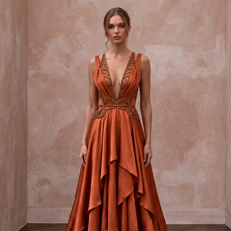 Burnt Orange Silk Charmeuse Plunge Neck Flowing Maxi Dress